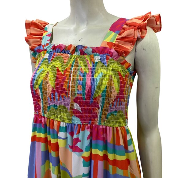 Crosby by Mollie Burch Colorful Smocked‎ Maxi Dress Ruffled Straps & Hem Md - Picture 5 of 10